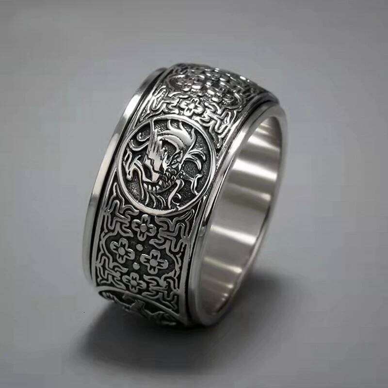 Simple S925 Sterling Silver Rotatable Beast Men's Overbearing Vintage Engraved Ring Boyfriend Birthday Gift Jewelry H260312