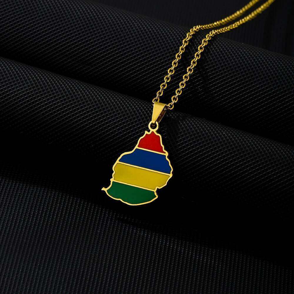 Mauritius Map Flag Pendant Necklace Stainless Steel For Women Men Golden Color Charm Fashion Party Mauritian Jewelry H260312