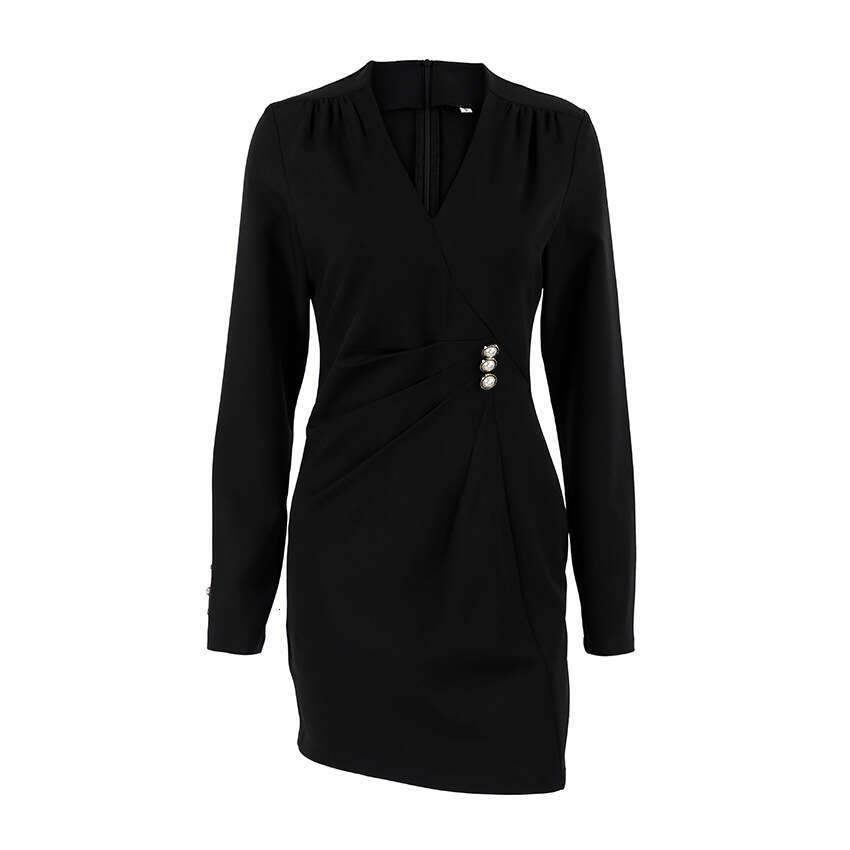 European American Style Pearl Button Design V Neck Long Sleeve Shirt Dress Women Suitable For Commuting With A Sophisticated And Elegant Fit MAKOUFEI