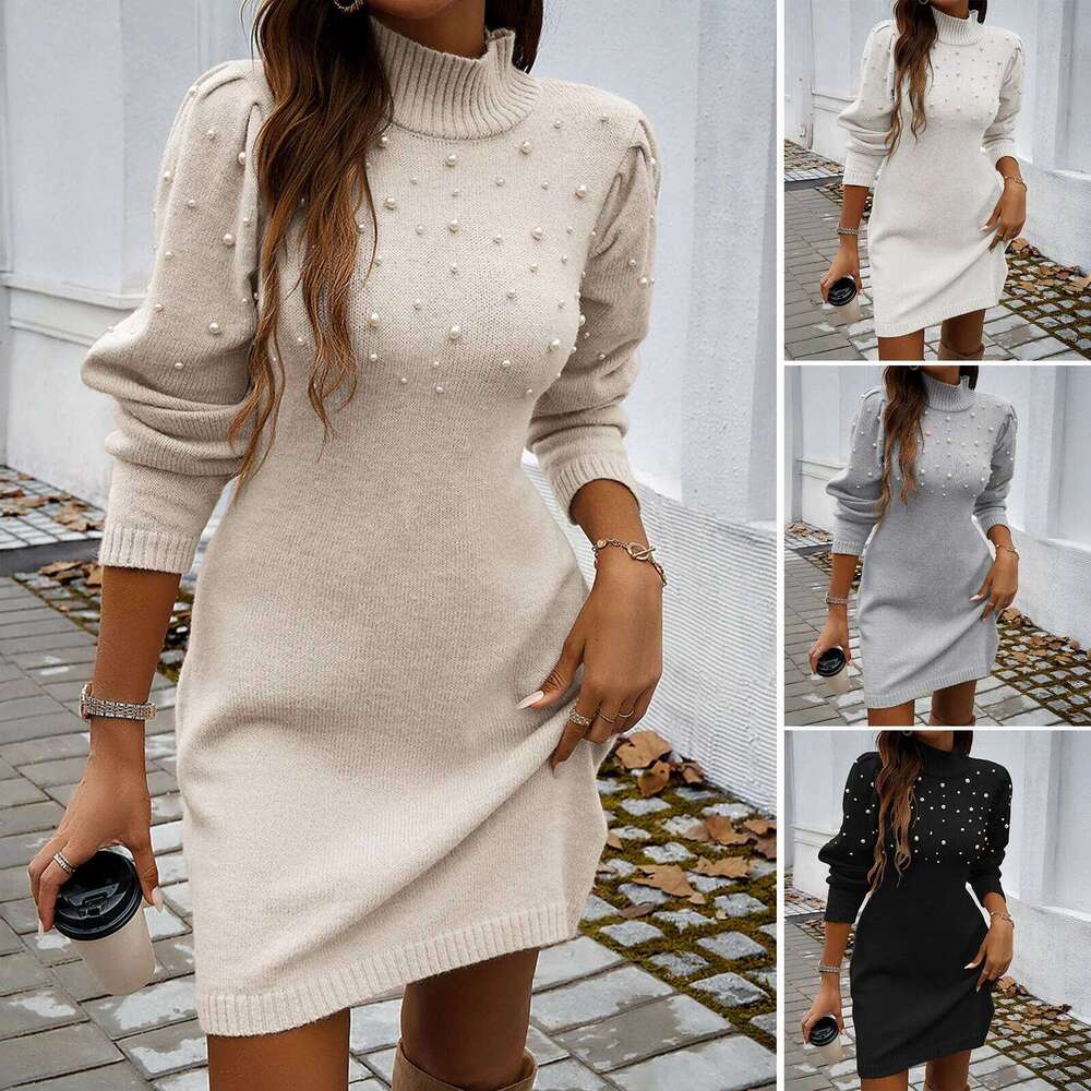 Euro-American Women's New Autumn-Winter Style Elegant Graceful Chic High-Neck Bodycon Knit Sweater Dress Z260313