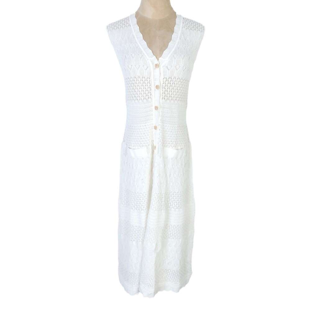 French style women's 2026 spring/summer classic hollow out sleeveless V-neck knitted dress S brand thin vest dress