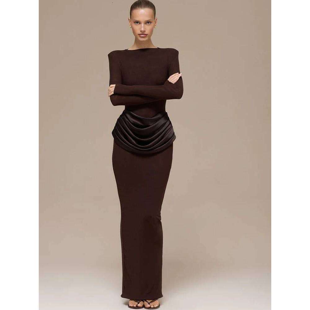 JULISSA MO Long Sleeve Round Neck Women Maxi Coffee Patchwork Satin Slit Autumn Winter Slim Elegant Party Club Dress Z260314