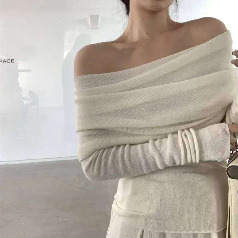 Pullovers Women Off-shoulder Korean Fashion Slim Fit Sexy Spicy Girls Streetwear Knitted Slash Neck Sweaters Pleated Inner Chic Z260313