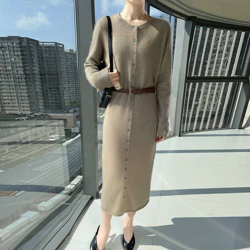 Fall/Winter 2025 Loose New Mink Cashmere Lapel Long Dress Knitted Plus Size Sweater Z260313