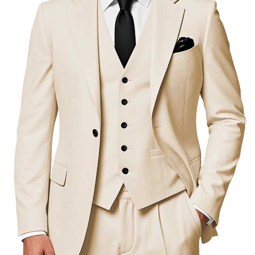 Mens Monochromatic Slim Fit 3-Button Peak Lapel Smoking Jacket Vest Formal Business Suit Set for Wedding Terno M260313