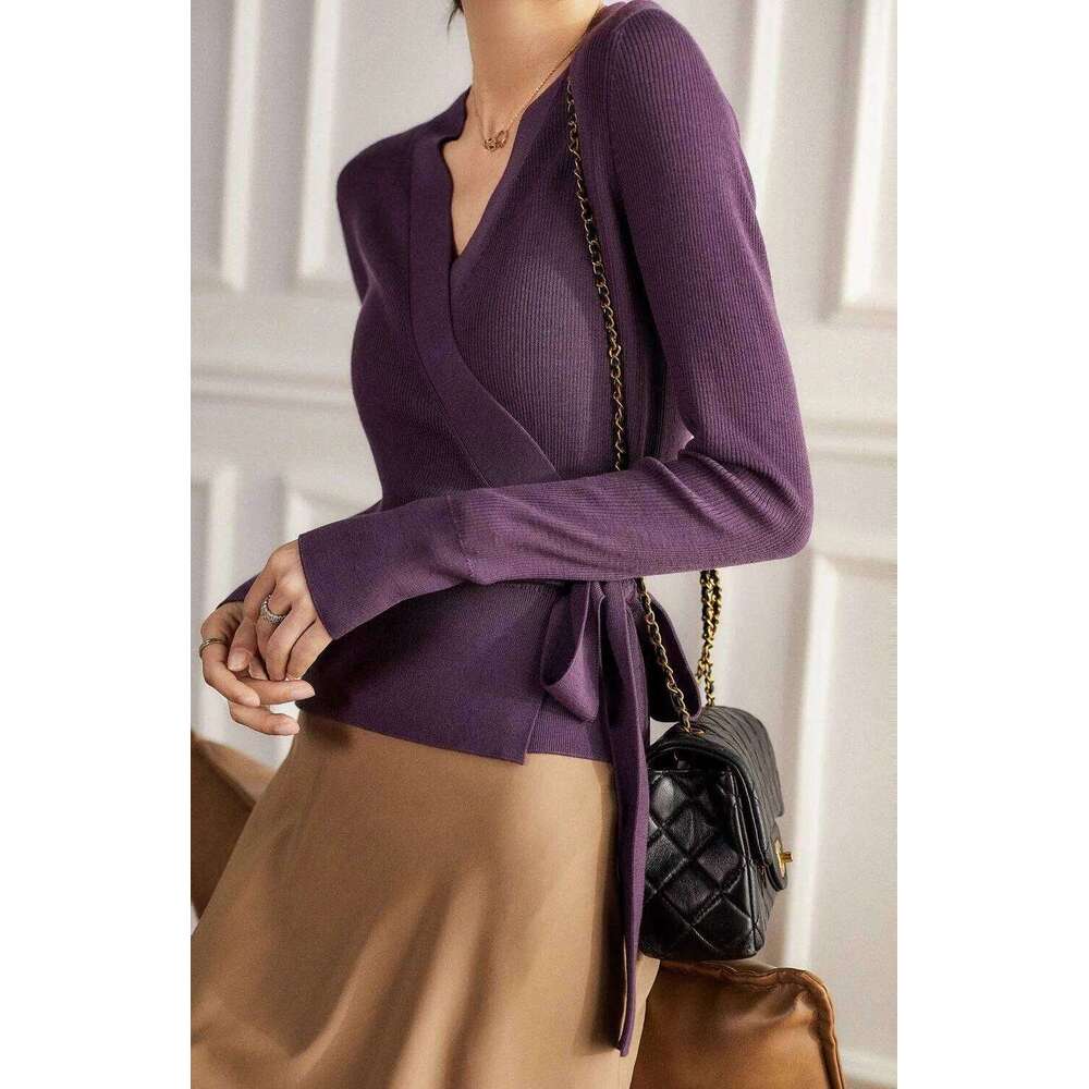 Long Sleeve Women Fashion Bow Tie Waist Short Lady V Neck Wrap Knitted Tops Sweaters Z260313