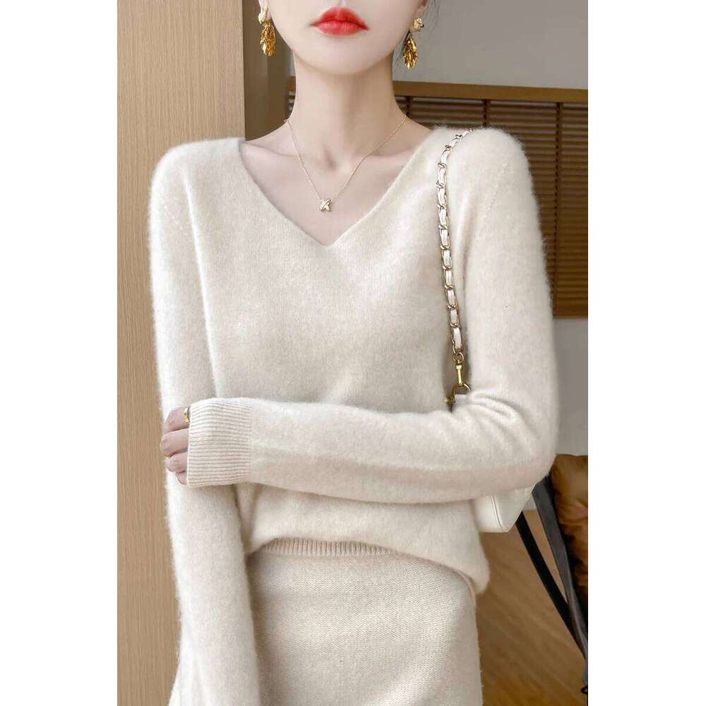 Autumn Winter Women Cashmere Casual V-neck Pullover 100% Merino Wool Knitwear Basic Bottom Sweater Korean Popular Z260314