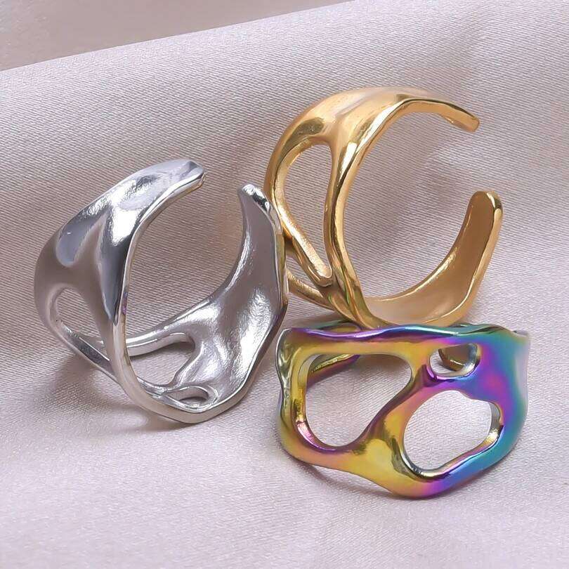 1Pc Stainless Steel Hollow Wide Textured Chunky Open Finger Rings For Women Punk Irregular Aesthetic Anillos Jewelry H260312