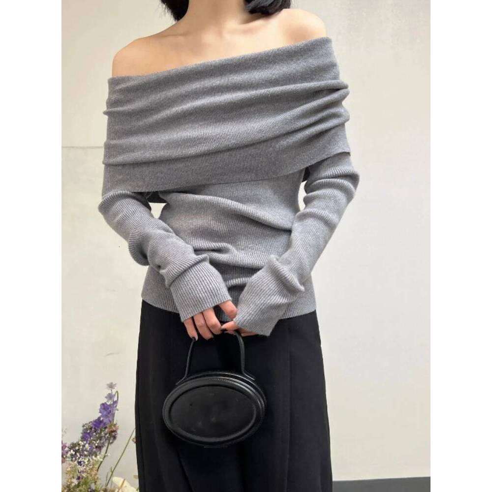 2025 Autumn Winter Off Shoulder Women Sweaters Elegant Vintage Knitted Solid Jumper High Stretch Top Soft Chic Pullovers Z260313