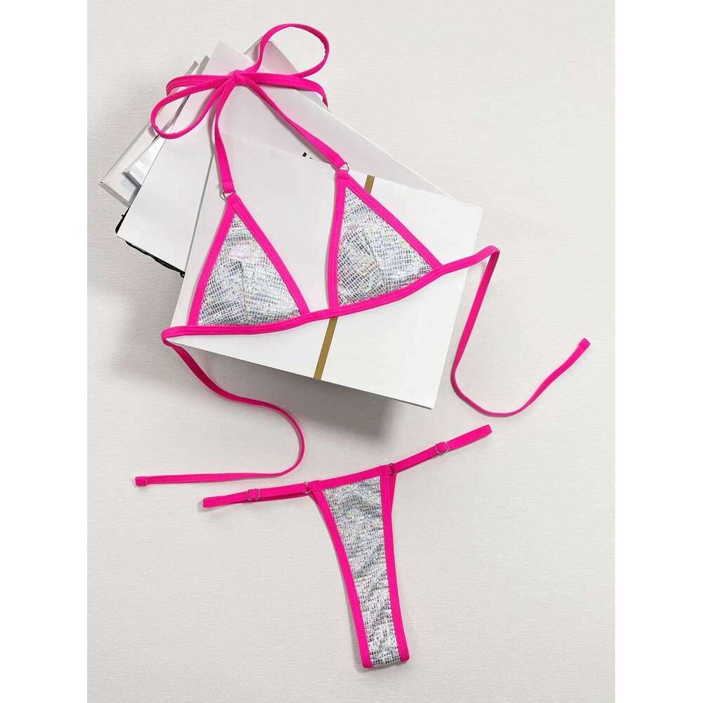 sexy sliver glitter sequine micro bikinis sets two pieces halter tie patchwork thong Swimwear swimsuit Bakini Biquini tankini Y260303