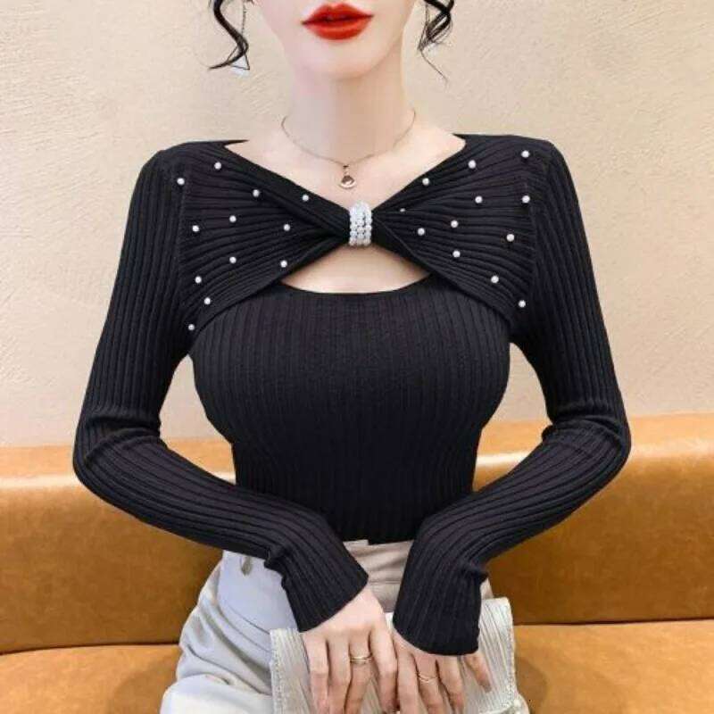 Temperament Versatile Commuter Bead Bow Sweater Pullover Slim Fit Women's 2024 New Autumn Trendy Long Sleeve Chic Top Z260313
