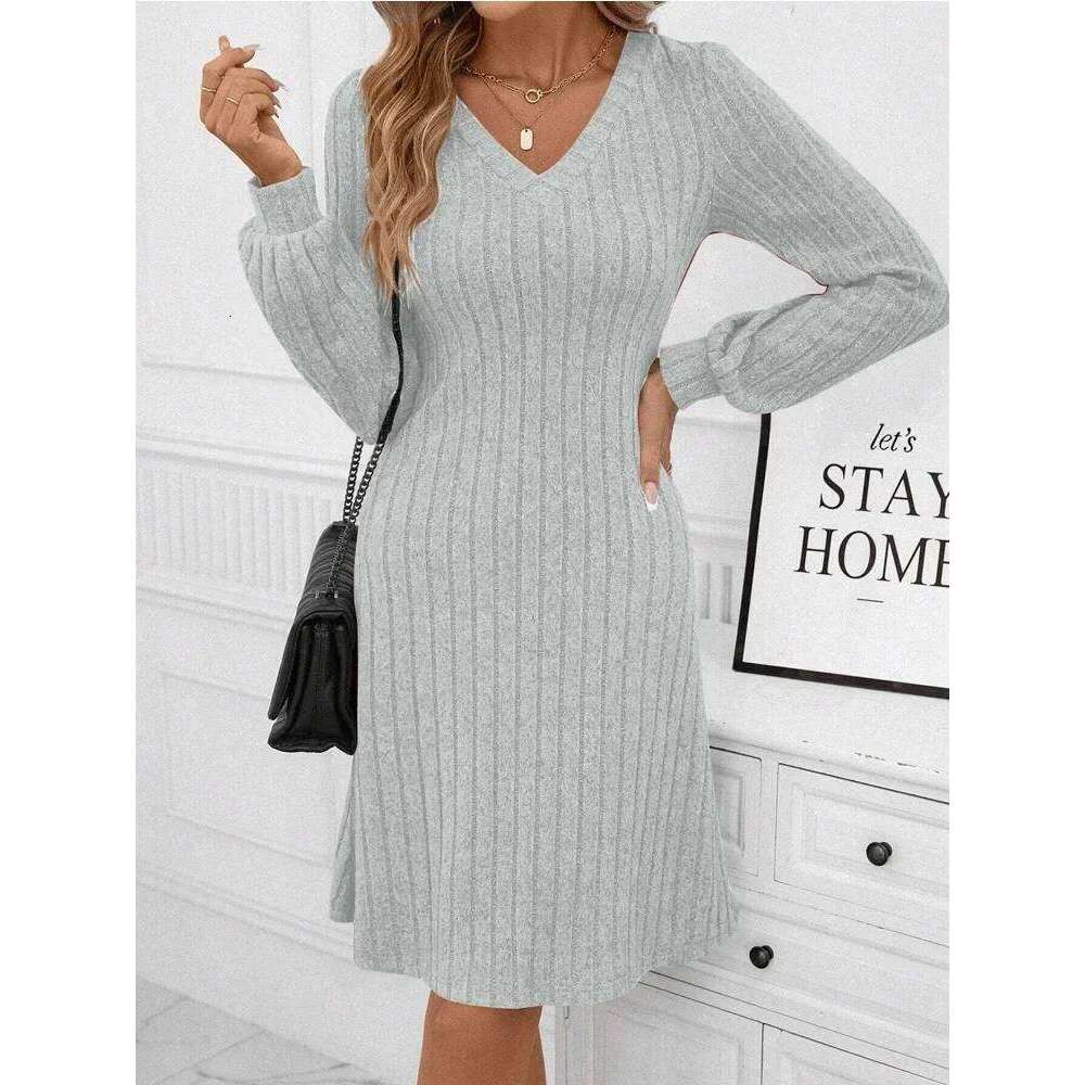 Solid Color Long Sleeve Knitted Ribbed Women Mini Dress Winter Warm V-neck Pit Stripe Dresses Casual Party Vacation New Clothes Z260313