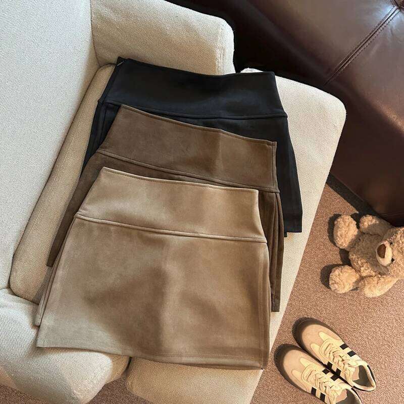 Solid Color Suede Women's Autumn Winter Fashion High Waisted A-Line Bodycon Flared Slit Short Pants Skirt Z260314