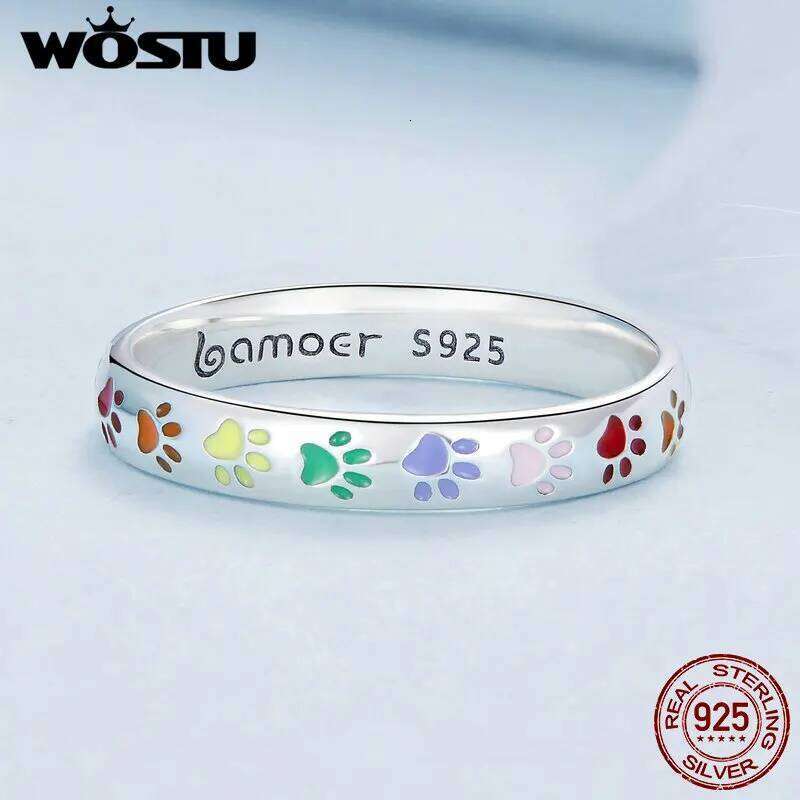 WOSTU 925 Sterling Silver Rainbow Cute Cat Dog Paw Rings Women Cool Black Gold Pet Animal Ring Girl Party Birthday Jewelry Gift H260312