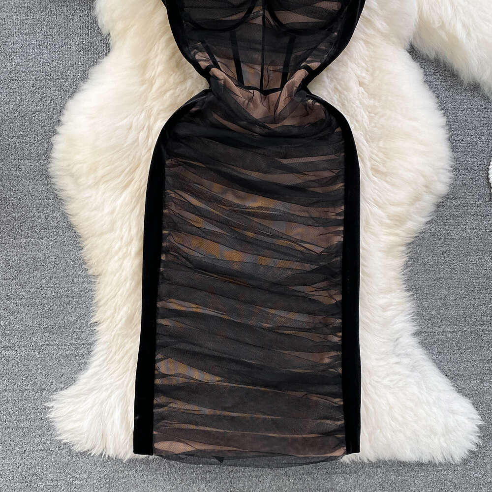 Cross-border hot girl style strapless dress, summer fashion mesh pleated elastic slim-fit bodycon dress