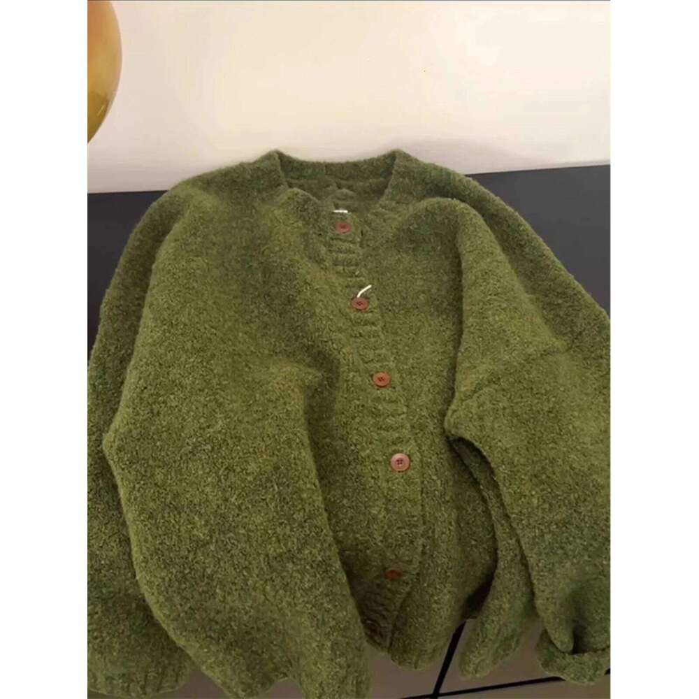 Women Retro Green Knitted Cardigan Coat Spring Autumn Thick High End Soft Style Sweater Loose Korean O-Neck Single Breasted Top Z260314