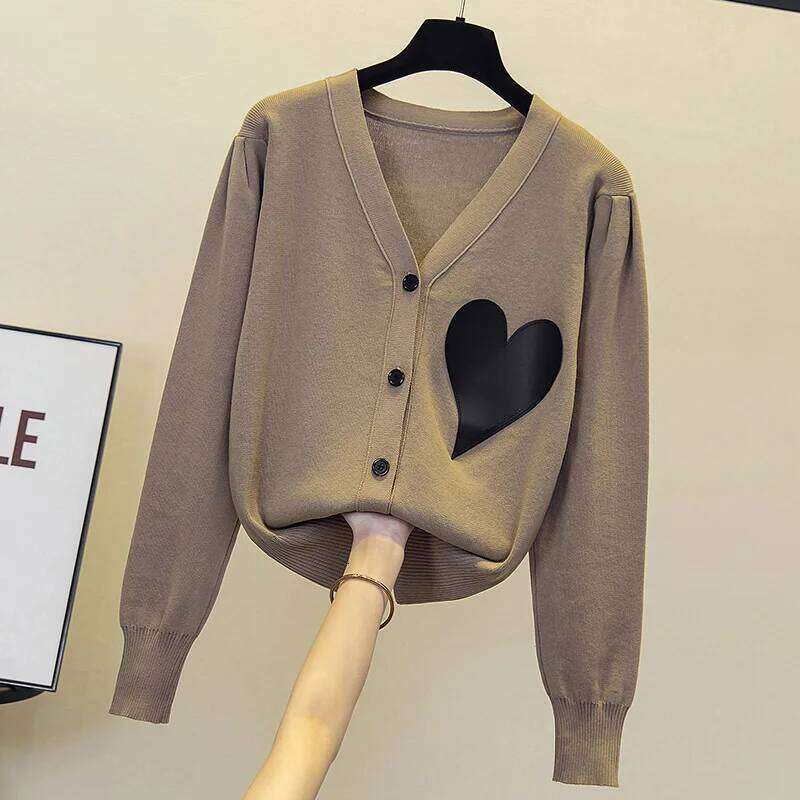 Love V-neck Knit Cardigan Sweater Women Oversized Tops Knitwear Autumn Winter Long Sleeve Double-breasted Elegant Jumpers Z260314
