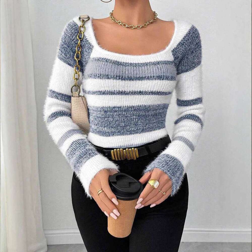 Sweater Pullover Women Knitted Top Stripe Print Square Collar Knitwear Autumn Winter 2025 Streetwear Vintage Knitting Jumpers Z260313
