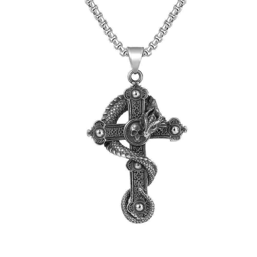 men's Necklace Entangled Dragon Cross Pendant hip-hop Punk Style Silver Color Stainless Steel Box Chain Vintage Jewelry Gifts H260312