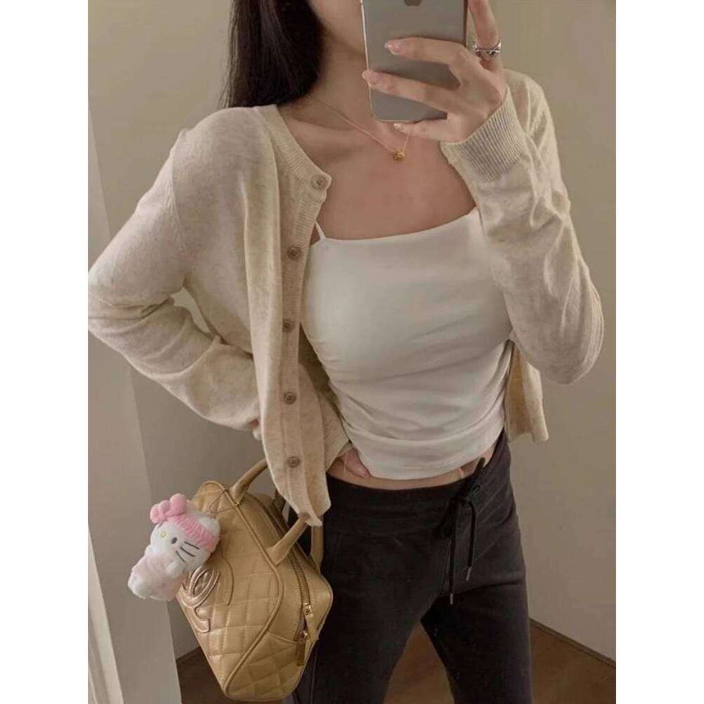 Fashion Long Sleeve O-neck Knitted Cardigan Sweater Autumn Women Elegant Slim Fit Solid Color Top Thin Casual Simple Short Coat Z260314