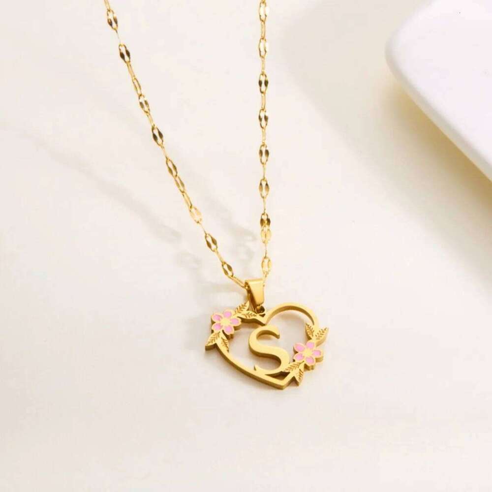 Stainless Steel 26 Initial Letters Flower Heart Pendant Necklace For Women Men Dainty A-Z Alphabet Name Choker Birthday Jewelry H260312