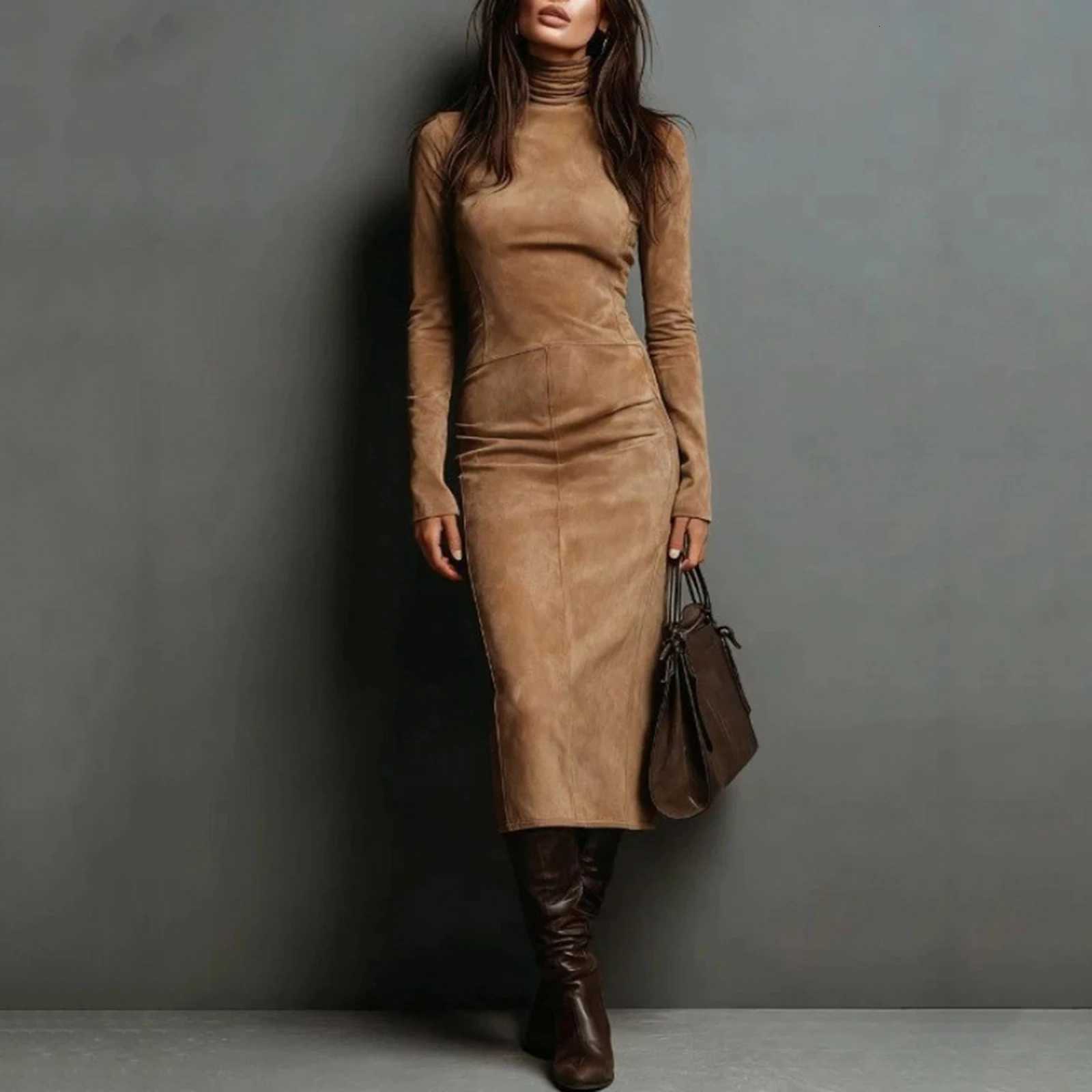 Turtleneck Velvet Bodycon Dress Trendy Long Sleeve Solid Color Midi Dress Chic Slim Fit Wrinkled Fashion Casual Outing DressT260314