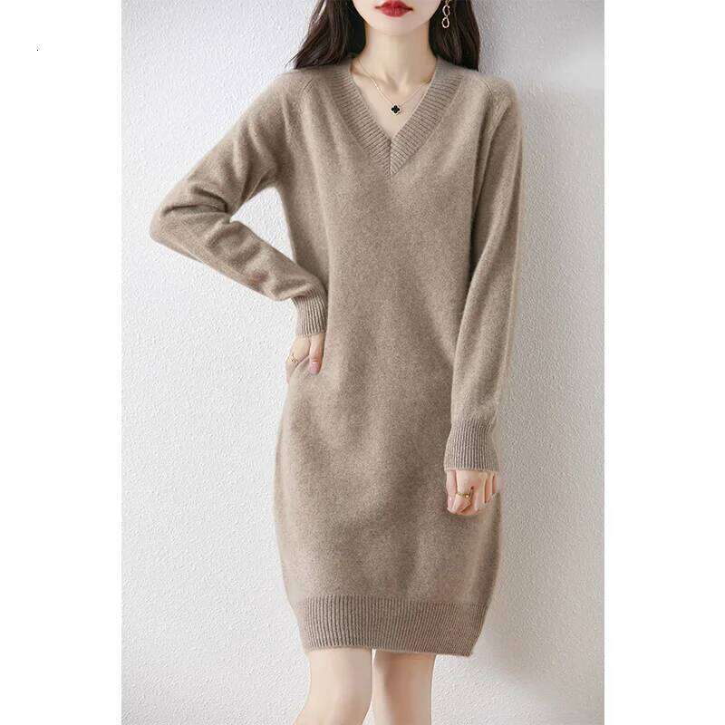 Autumn Winter Women100%Merino Wool V-neck Long-sleeved Dress Women's Pullover Solid Color Fashion Basic Knit Skirt Z260313
