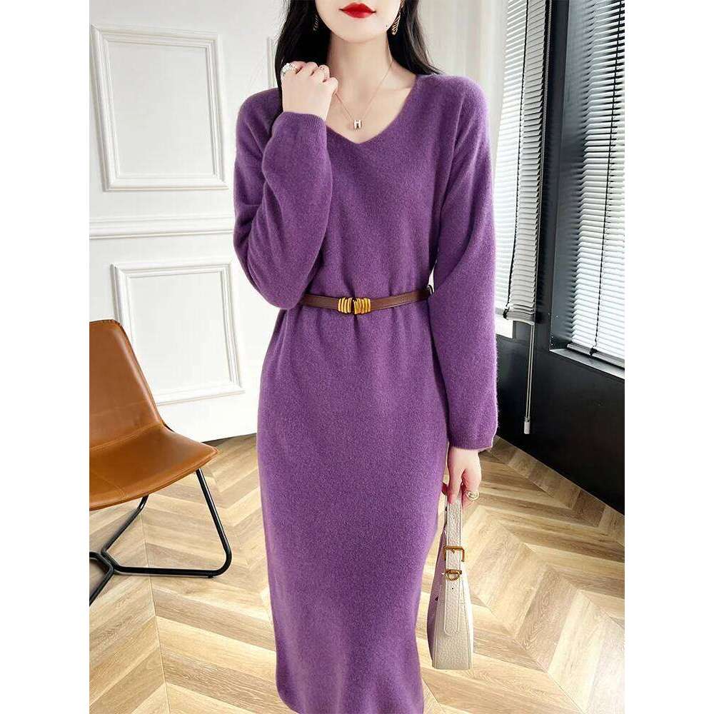 2024 New 100% Merino Wool Women Sweater V-Neck Pullover Long Dress Versatile Cashmere Knitwear Korean Popular Clothing Z260313