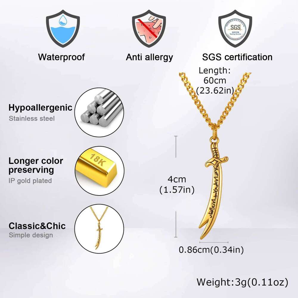 Islamic Zoleferka Sword Pendant Necklace for Men Women, Religious Amulet Stainless Steel Jewelry Gifts H260312