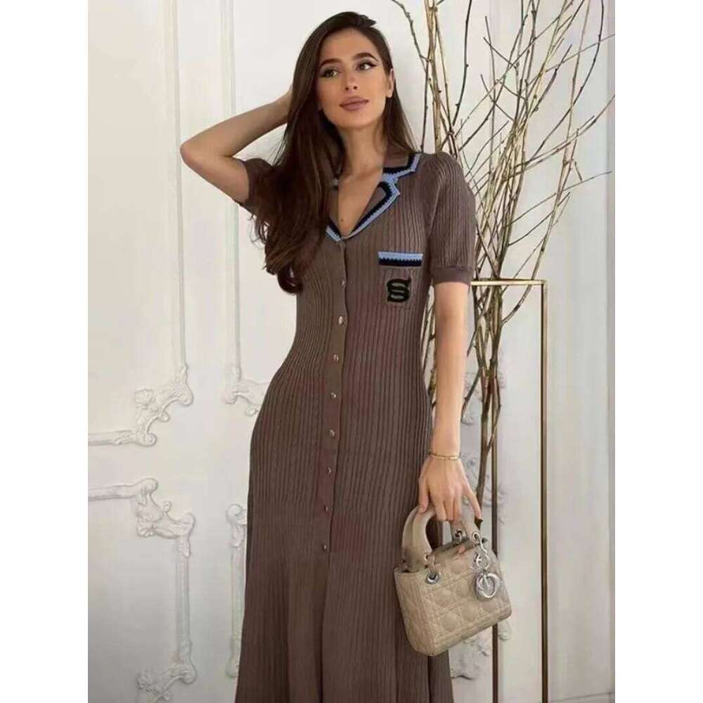 2024 Summer Elegant Slim Knitted Dress Women's Letter Single Breasted Long Sleeved Vintage Dresses White Autumn Z260313