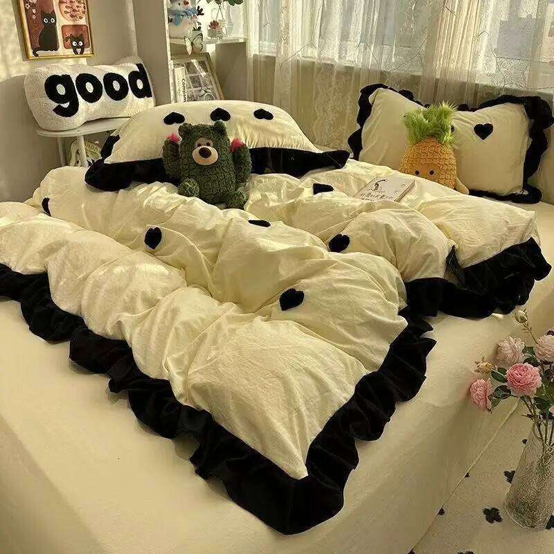 Ins Pink Bow Bedding Ruffles Duvet Cover Flat Sheet Women Girls Princess Bed Linen Set Single Twin Queen Bedclothes H260312 - view 4