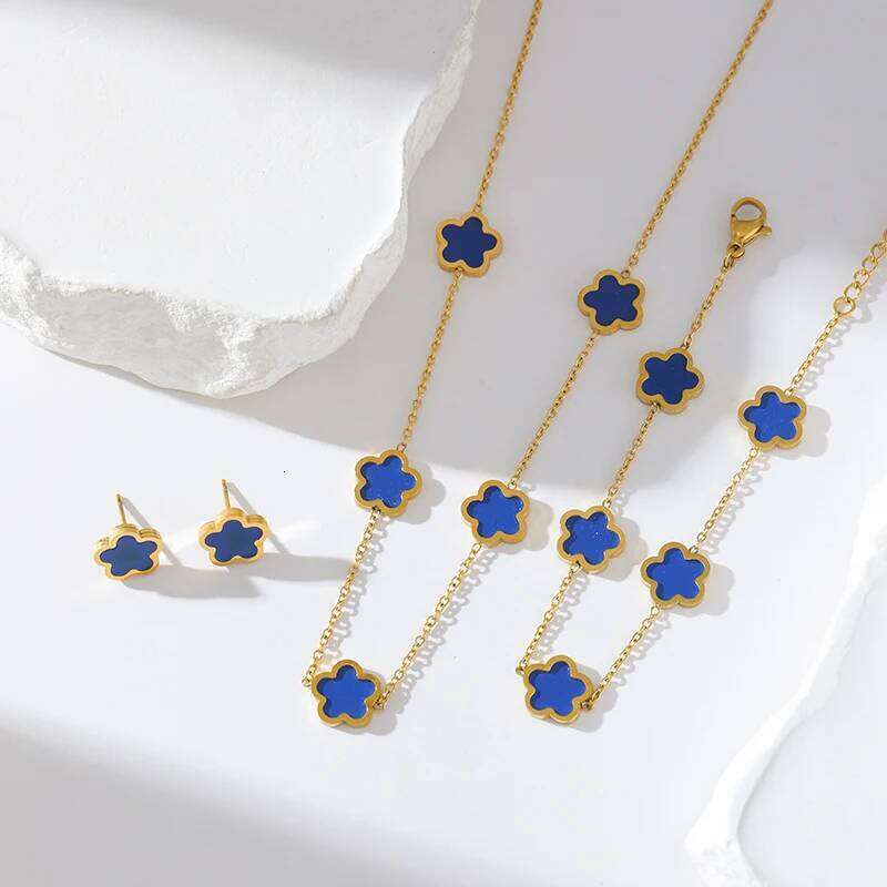 GANEMLY Stainless Steel Blue Plant Flower Necklace Earrings With Five Petals Women's Gifts Cr Jewelry H260312