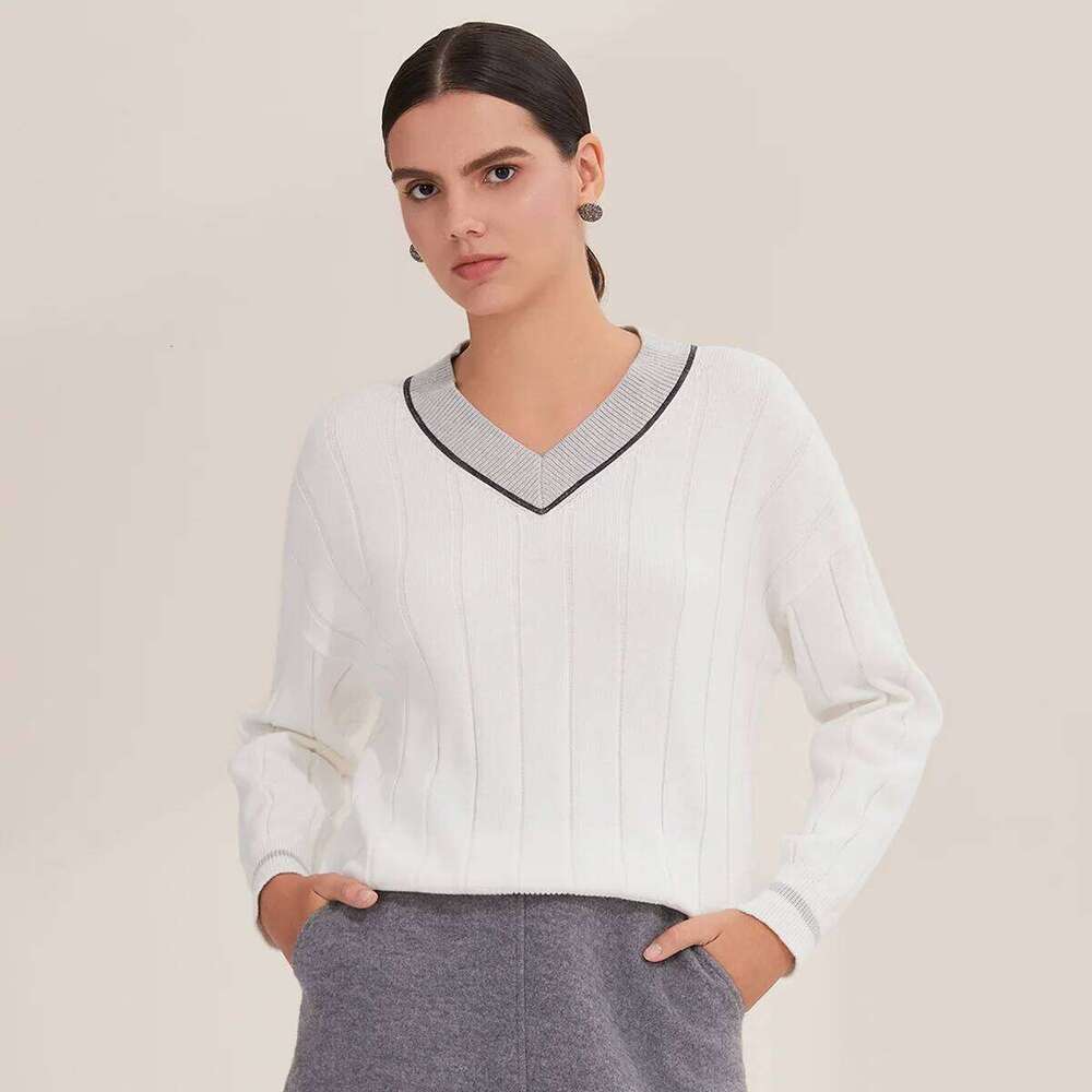 BY4521246 Women's Luxurious V-Neck Long Sleeve Sweater 100% Cotton Casual Knitted Pullover Fall Winter 2025 Z260313