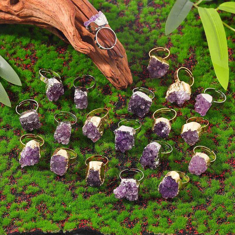 Natural Crystal Reiki Rings Raw Irregular Amethyst Cluster Geode Druzy Adjustable Finger Ring Resizable H260312