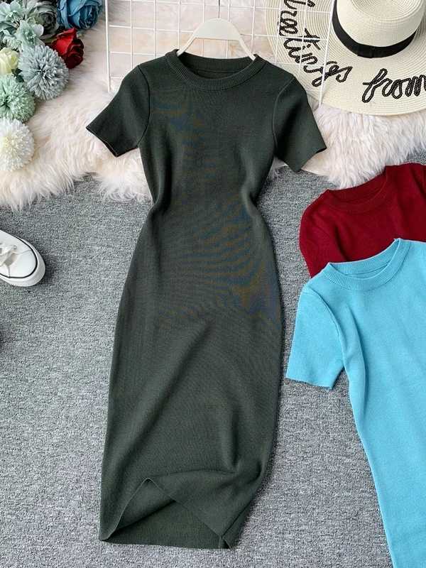 ort Sve Color Knitted Slim Fit Midi Dr round Ne Elastic Waist One Step Skirt Dr Korean Sle Commute DrT260314