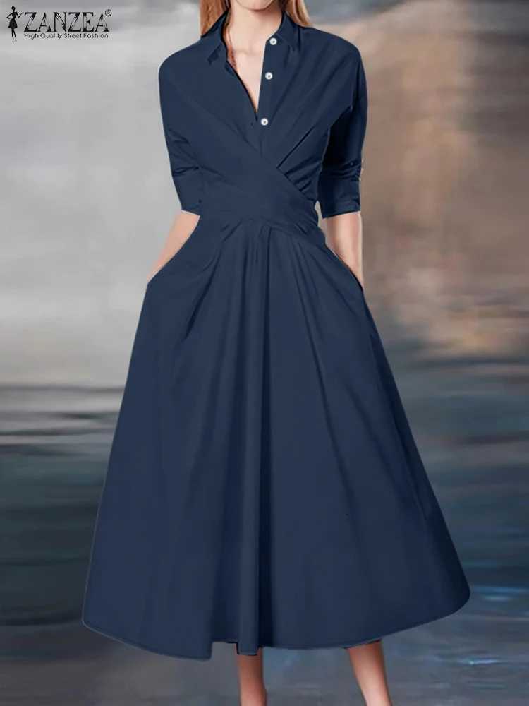 ZANZEA Women Street Fashion Crossover Waist Midi Dresses Elegant Long Sleeve Collared Shirtdress Commuting Solid Color RobesT260314