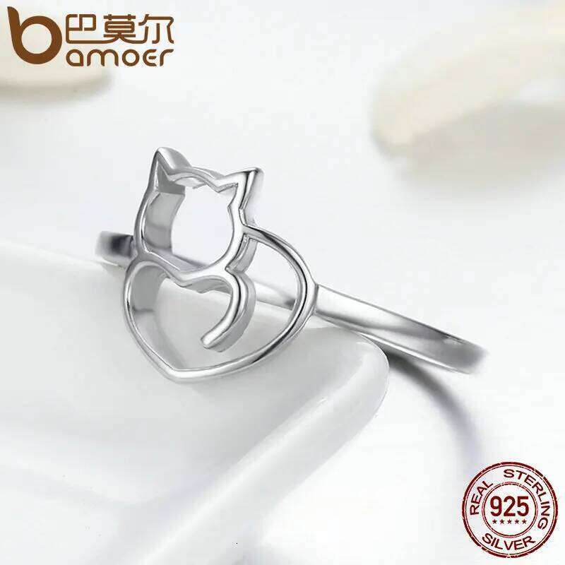 BAMOER Authentic 925 Cute Little Cat & Heart Finger Ring for Women Sterling Silver Jewelry Gift SCR104 H260312