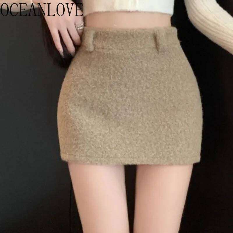 OCEANLOVE Woolen Skirts Women Solid A-line Vintage Autumn Winter Mini Skirt Korean Fashion High Waist Versatile Faldas Mujer Z260314