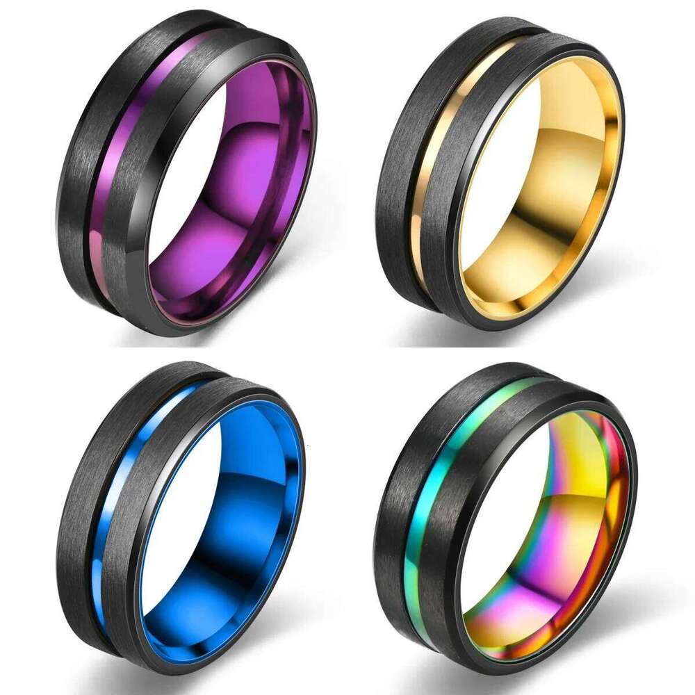 Fashion 8mm Purple black oblique two-color ring For Women Matte Brushed Men Stainless Steel Rings Wedding Band Jewelry Gifts H260312
