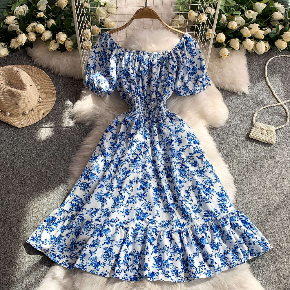 Women's designer French printed off shoulder bubble A12 sleeve dress with summer stretch waist slimming and ruffled details