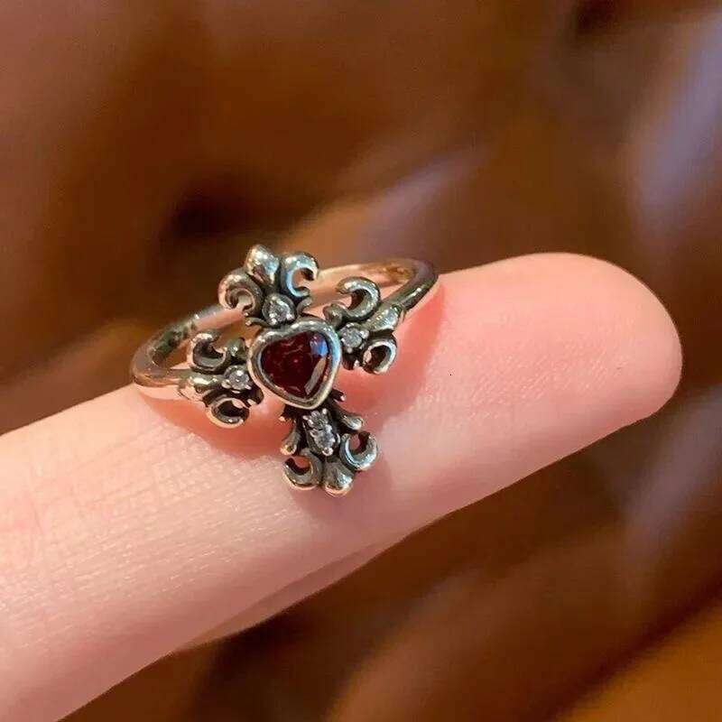 LATS Vintage Gothic Red Crystal Cross Geometry Open Rings for Women Y2k Punk Creative Grunge Jewelry Accessories Gift H260312