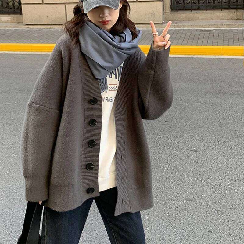 Minimalist Cardigans for Women Loose Black Single Breasted V-neck Knitted Soft Warm Autumn Winter Students Leisure Z260313