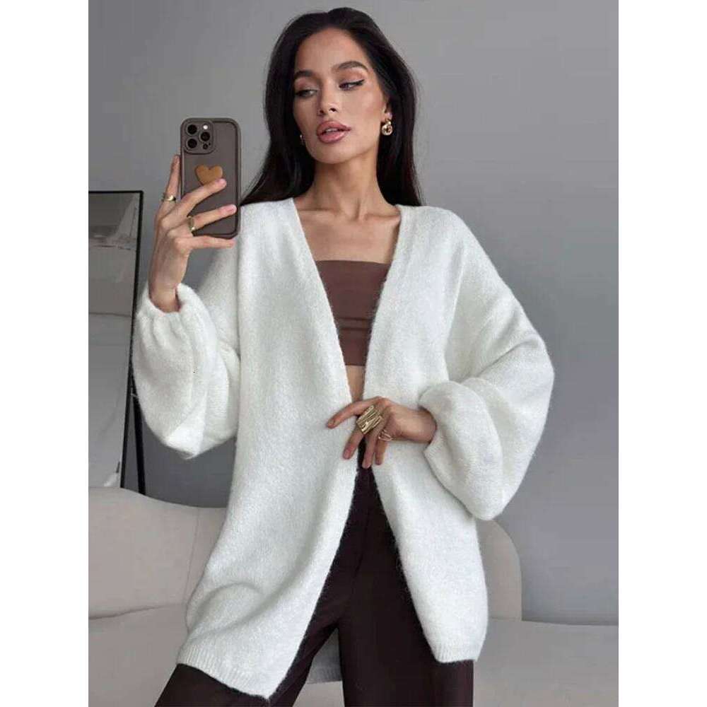 Casual Lantern Sleeve Cardigan V-neck Loose Long Sleeves Drop Shoulder Solid Short Sweater Autumn Winter 2025 All-match Sweaters Z260313