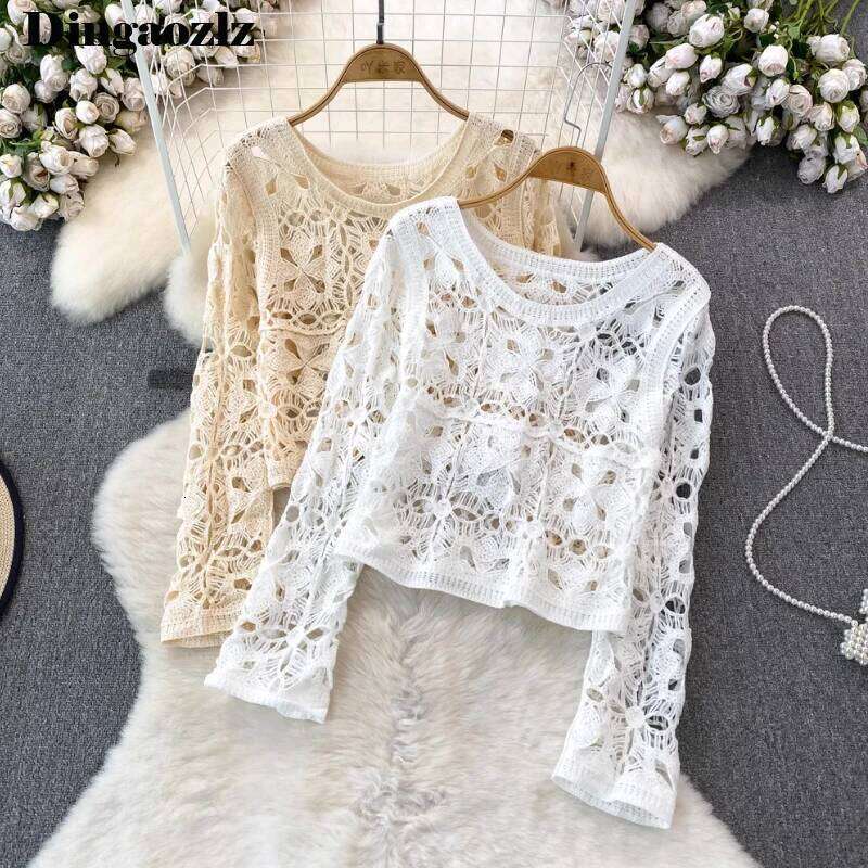 2024 Spring Summer Pullovers Tops Korean Fashion Long Sleeve Women Hollow out Knitted Shirt Round Neck Hook Flower Knitwear Z260313