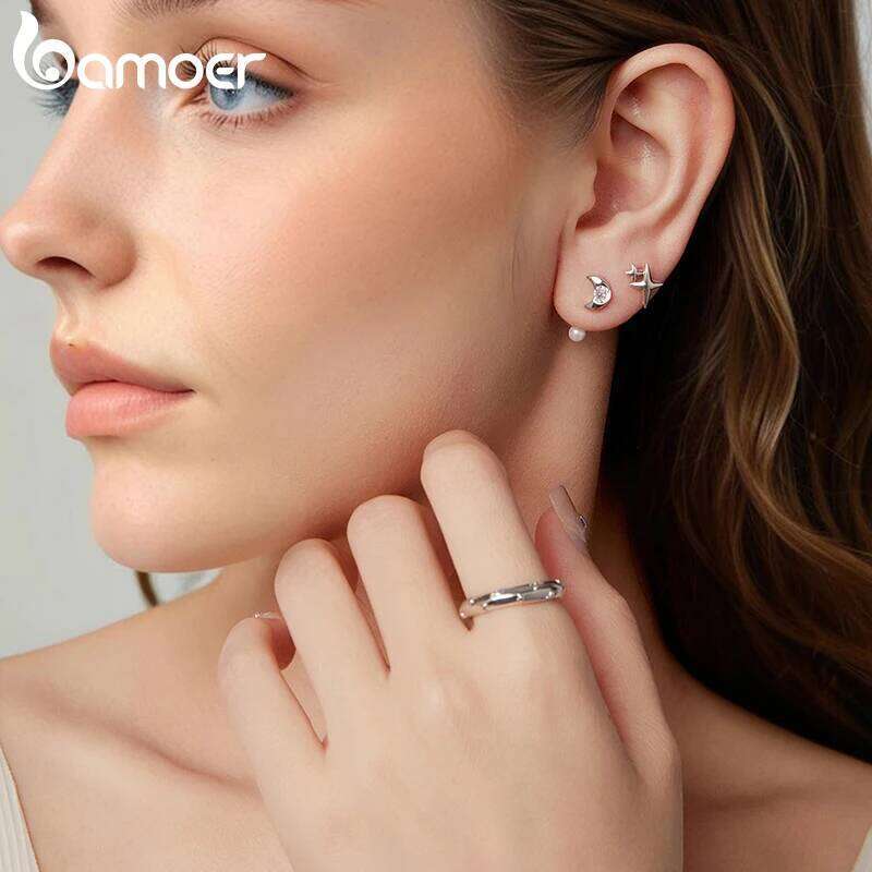 Bamoer 3D Punk Planet Open Oxidized Moon & Star Stacking Finger Ring for Women Minimalist Party Gift 925 Sterling Silver H260312