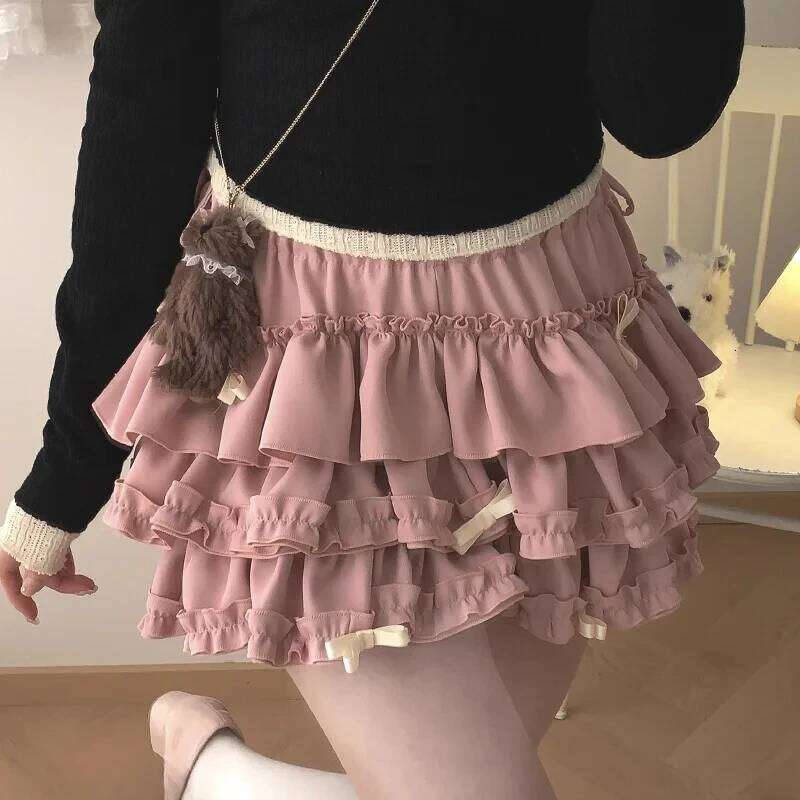 Japanese Women Y2K Sweet Ruffles Mini Lolita Kawaii Bow A Line Skirts Harajuku Cute High Waist Casual Elegant Cake Skirt Z260314