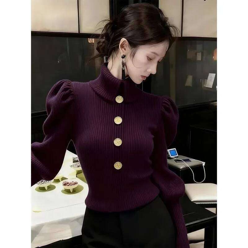 Autumn Winter Fashionable Buttons Solid Color Pullovers Ladies Temperament Slim Knitting Long Sleeve Turtleneck Sweater Top Tee Z260314