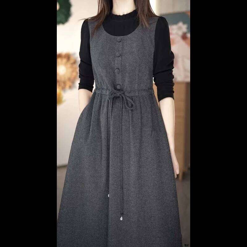 2025 Western Style Spring Autumn New Fashion Fake Two-piece Women's Waist Long Sleeve Dress Z260313