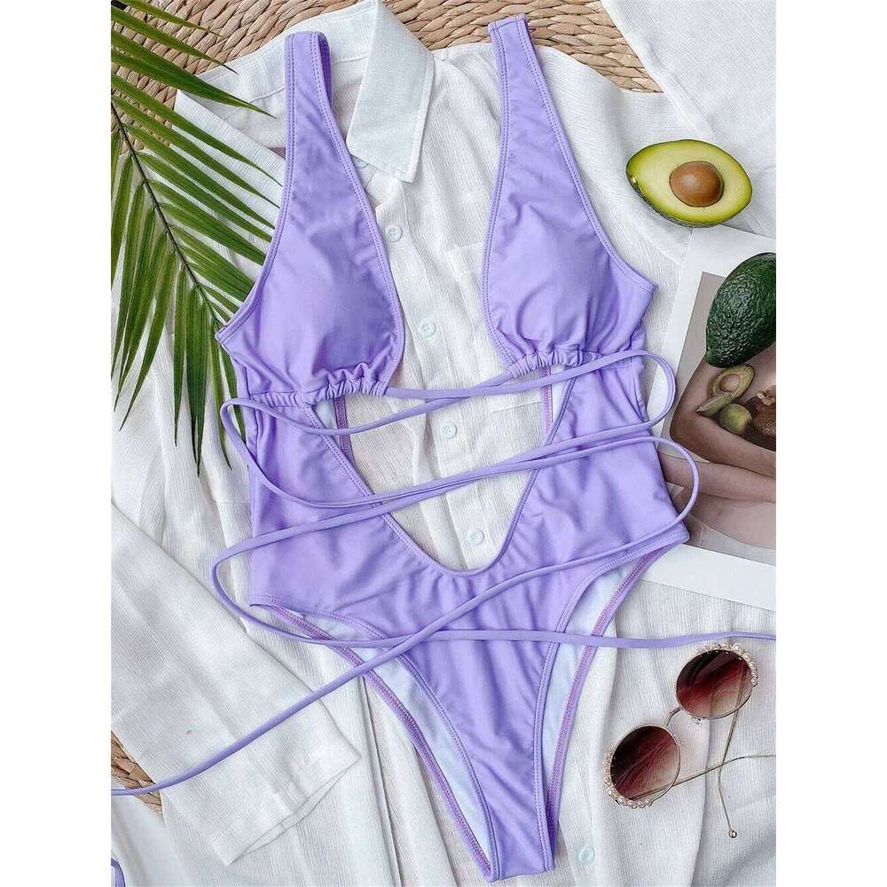 Sexy Red Swimsuit Micro String Bikini Hollow Out Backless Monokini Women One-Piece Vacation Swimwears Bikinis Beach Bathing Suit Y260303