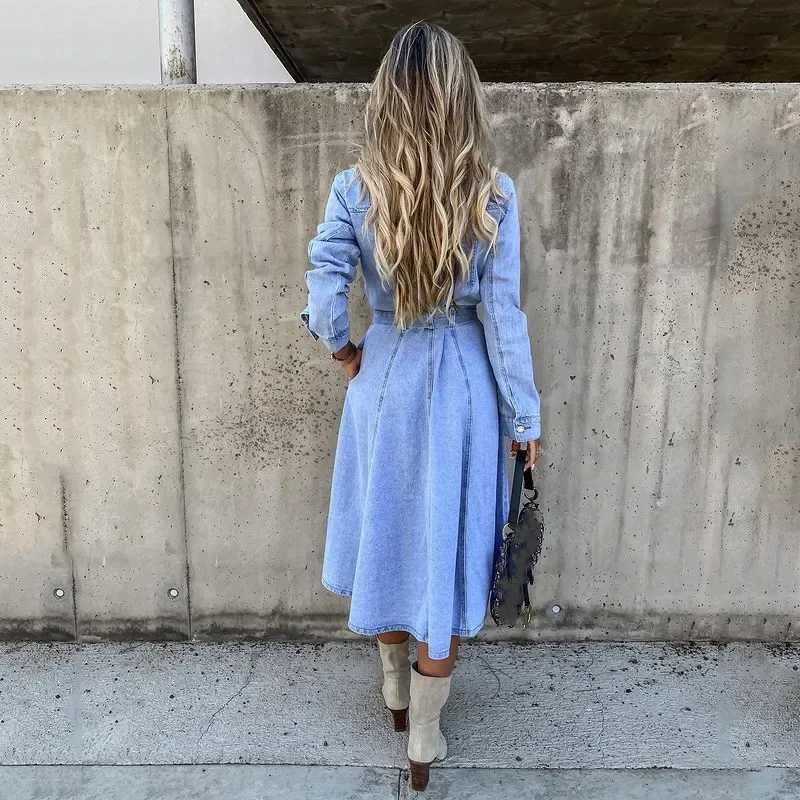 Fall Winter High Waist Casual Denim Dress with Pocket Turn-down Collar Midi Dress Comfortable Regular Fit Womens DressT260314